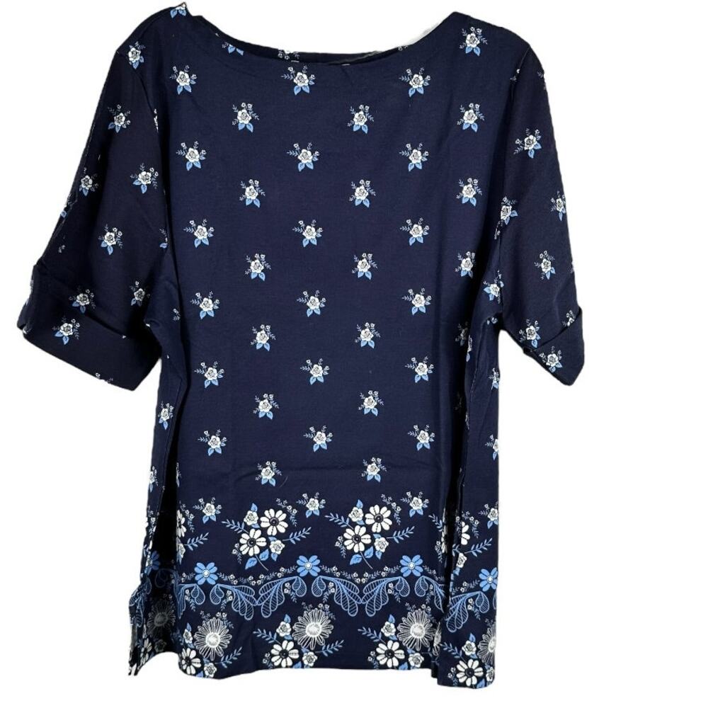 Karen Scott Navy Blue Floral Elbow Sleeve Top Size 2X - Picture 2 of 5